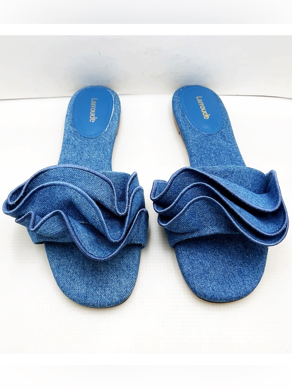 🆕{Larroude} Ivy Denim Ruffle Slide Sandals - Picture 9 of 15